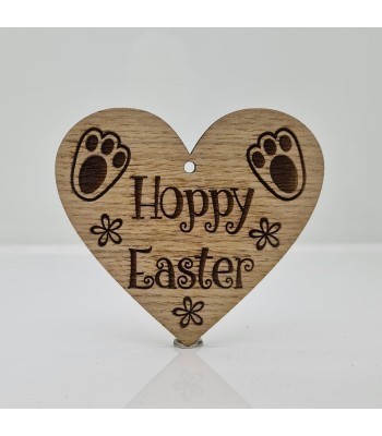Laser Cut Oak Veneer 'Hoppy Easter' Engraved Mini Heart Plaque